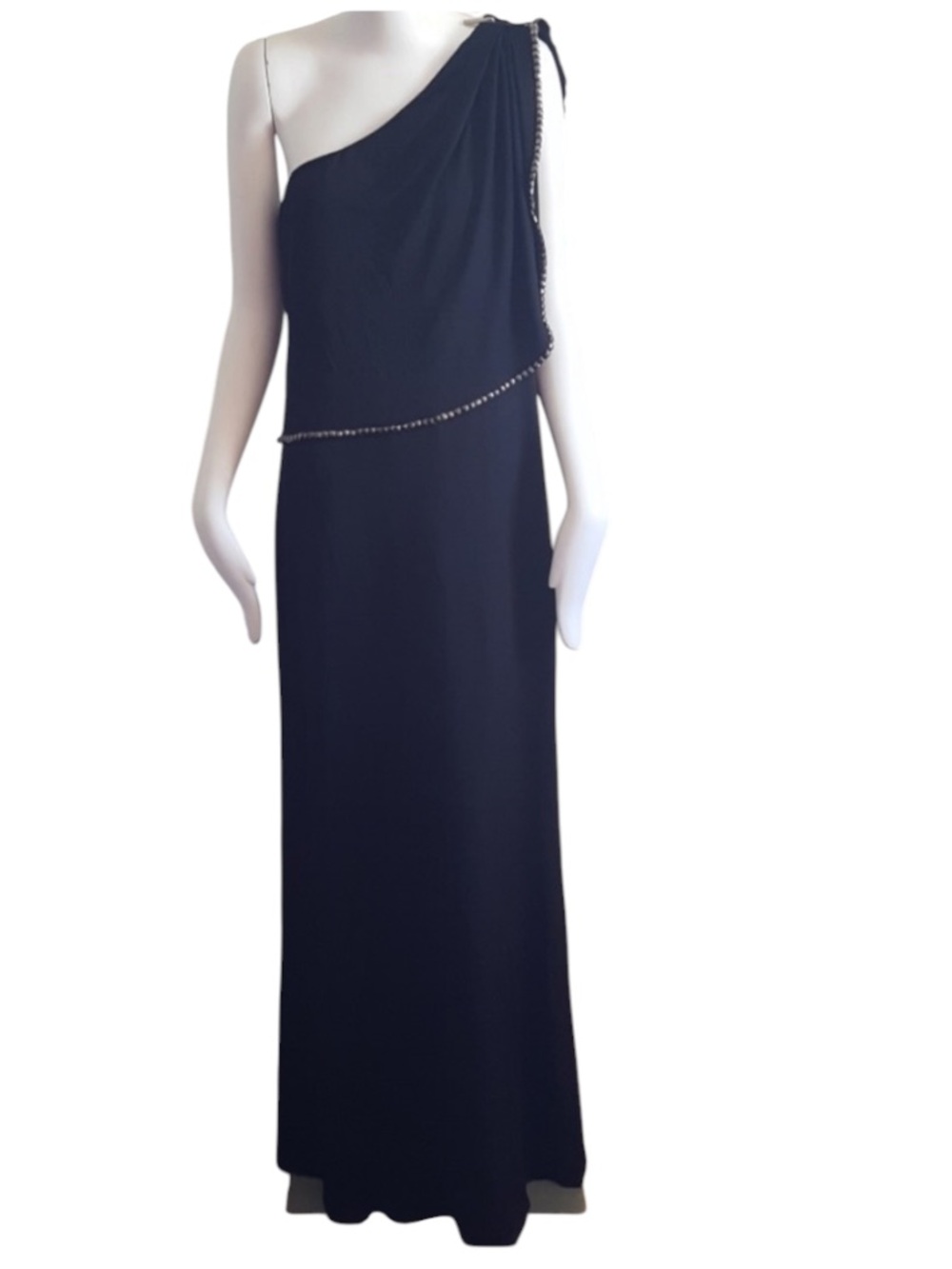 Mikael Aghal one shoulder Grecian Goddess studded maxi dress black Sz 12